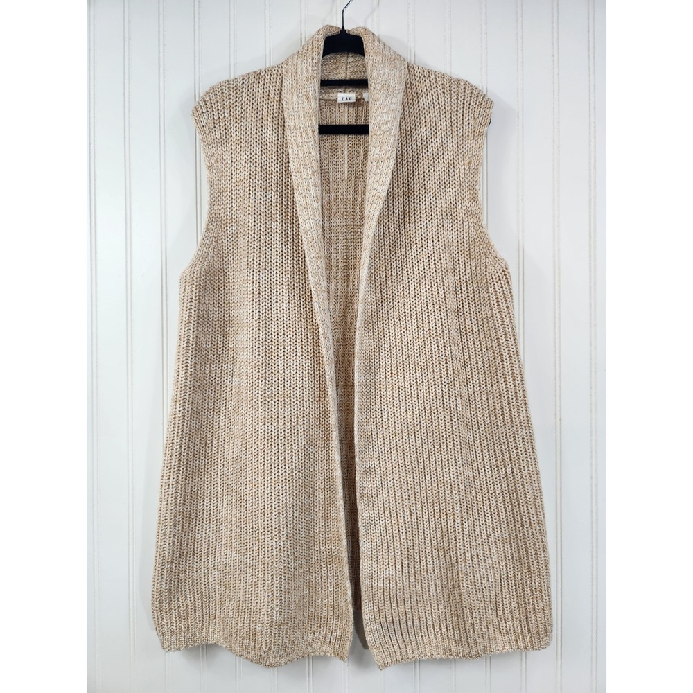 GAP Womens Oatmeal Beige Cotton Textured Knit Open Front Shawl Vest Med Casual